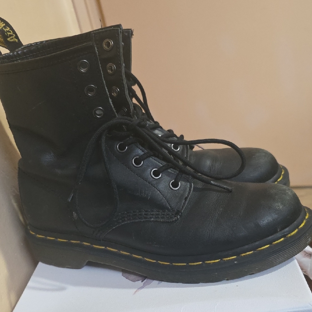 Dr. Martens Black Leather Boots with Yellow Stitching